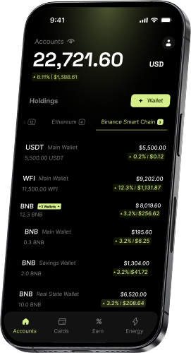Aplicación Deobank WeFi en un teléfono móvil mostrando el control total de criptomonedas y dinero FIAT.